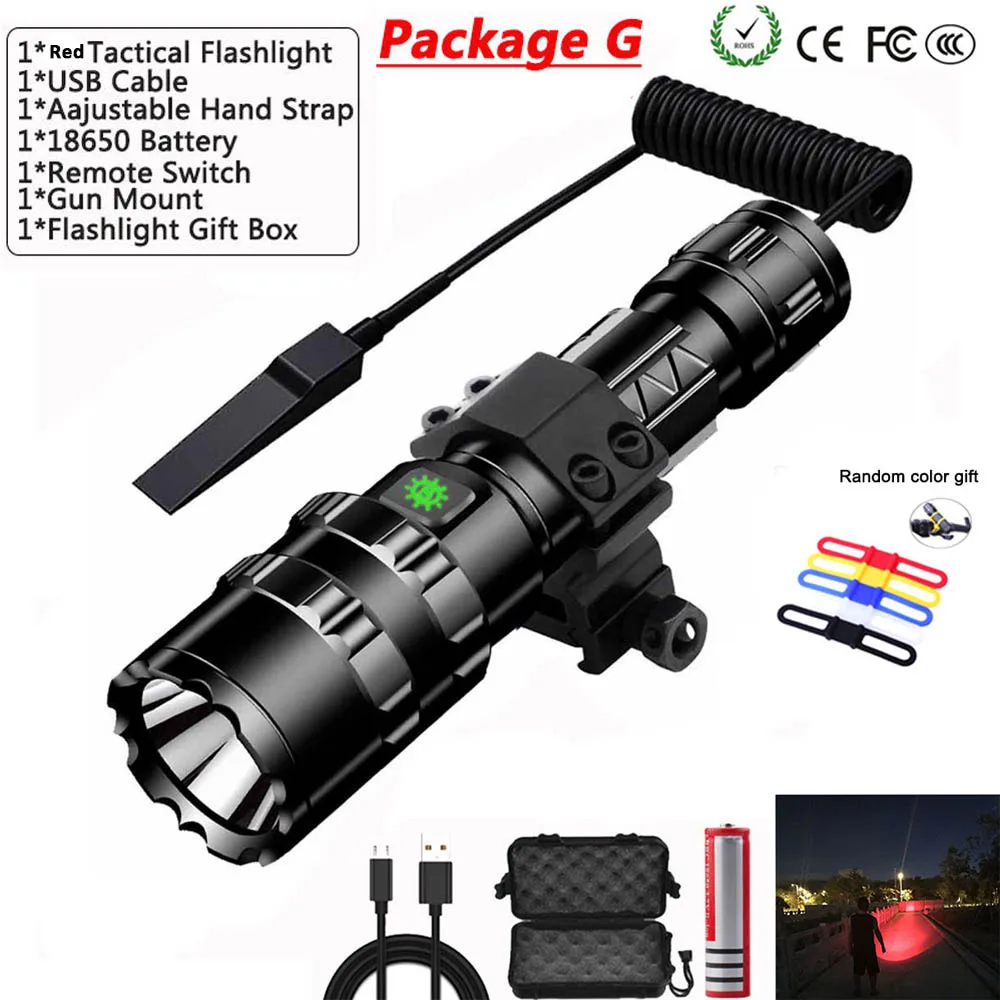 

10000Lums LED L2 Red Tactical Flashlight Super Bright USB Rechargeable Torch clip Hunting light Waterproof for 18650 battery set