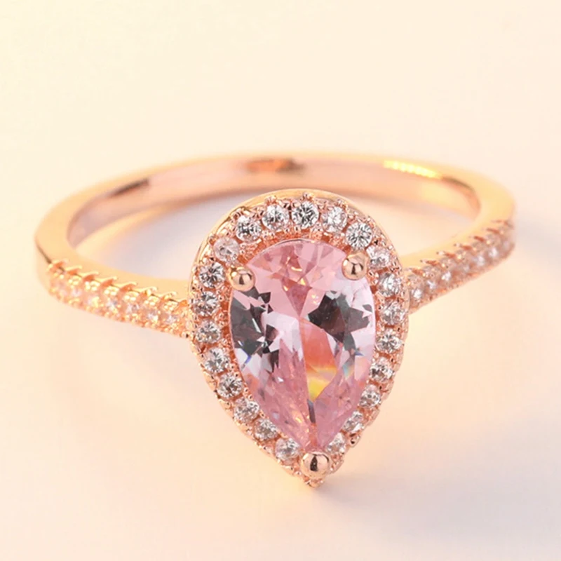 Из розового золота Два ореолов натуральный Обручение обручальное кольцо груша с розовым морганитом, ювелирные изделия из драгоценных металлов, Для женщин