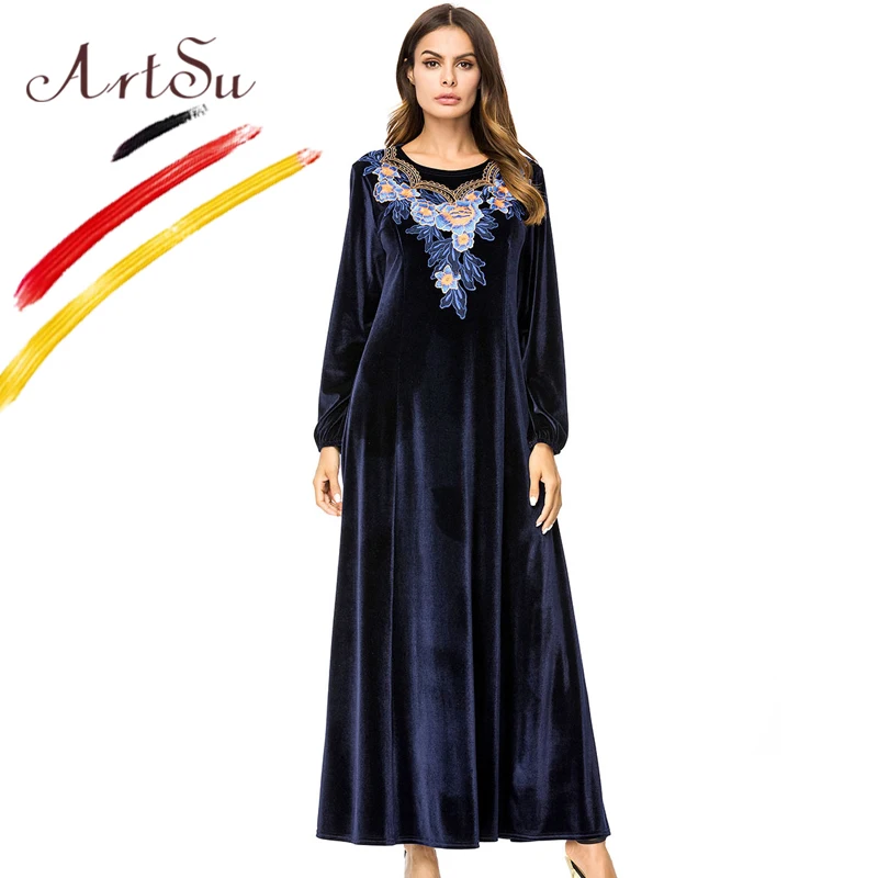 

ArtSu Plus Size Women Long Sleeve Winter Party Dress 2018 Elegant Navy Blue Floral Embroidery Maxi Velvet Dress Vestido De Festa