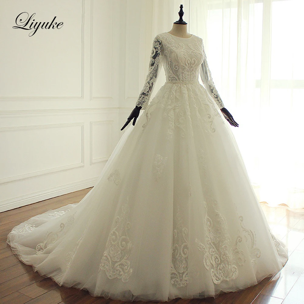 Liyuke свадебное платье трапециевидной формы с длинным рукавом, выполненное на заказ, с глубоким декольте, с симметричными бусинами, свадебное платье