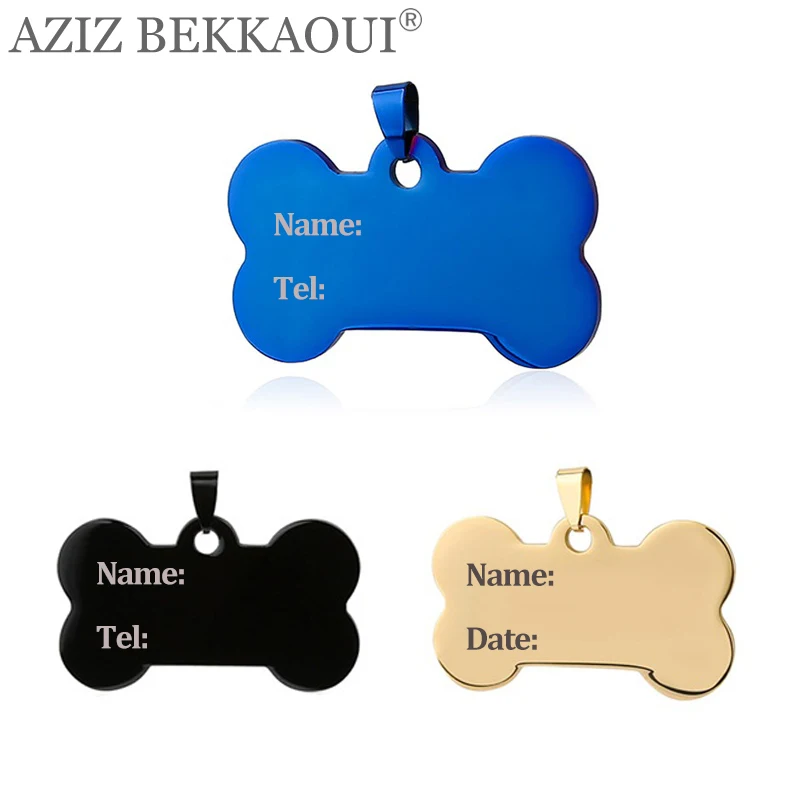 

Free Engraving Stainless Steel Bone Pendants Pet ID Tag Laser Engrave Name Tel Tag Cat Dog Puppy Charms Blue Black Gold Color