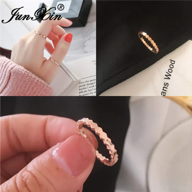 JUNXIN Female Stainless Steel Ring Rose Gold Color Fashion Stacking Joint Rings For Women Wedding Thin Ring Minimalist Jewelry