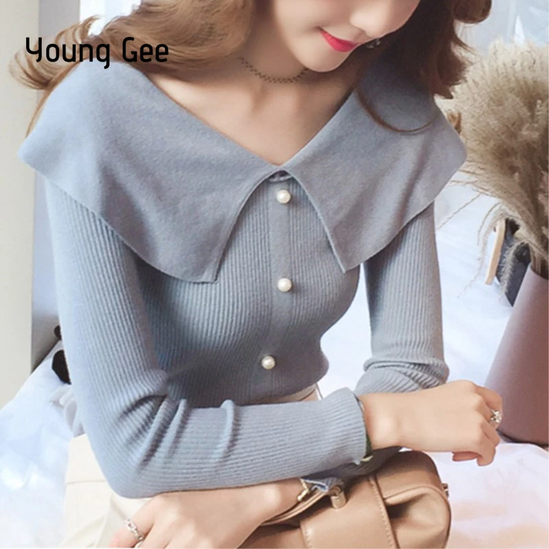 

Young Gee Autum Women Fitting Knitted Sweater Top Femme Crew Neck Pullovers Tight Casual Shirt Sweet Pearls Beading pull femme