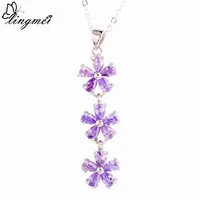 lingmei Purple Jewelry Fashion Lady Pear Cut Amethyst Silver Chain Necklace Pendant Wholesale Charming Elegant Flower Design