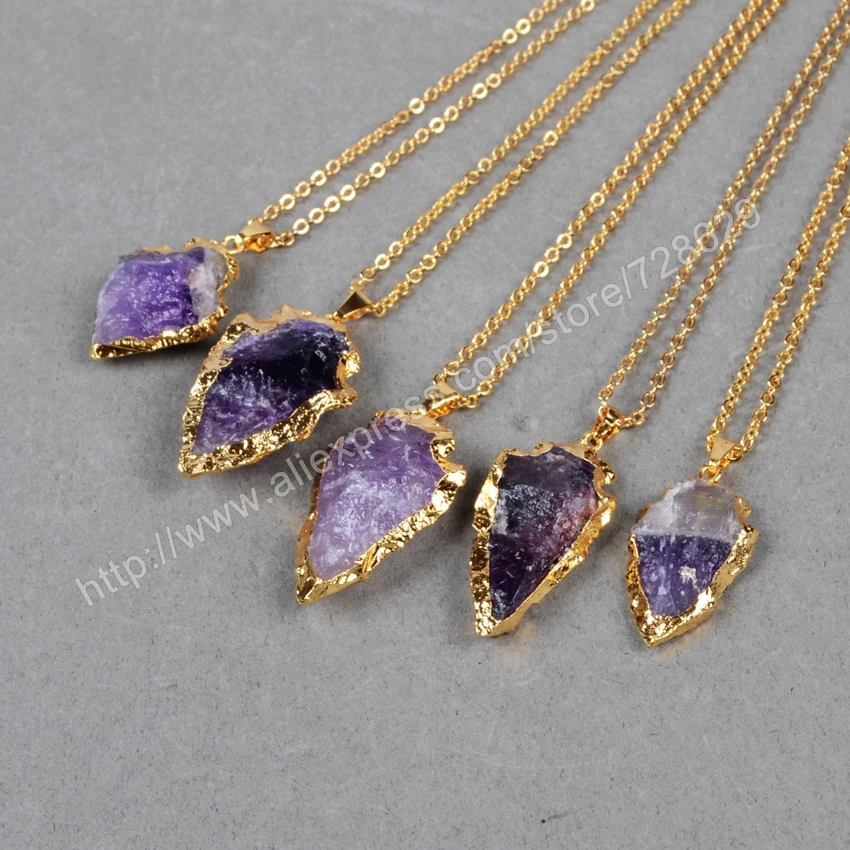 Бусинки золотистого цвета BOROSA с необработанными аметистами g0697|natural crystal pendant|gold