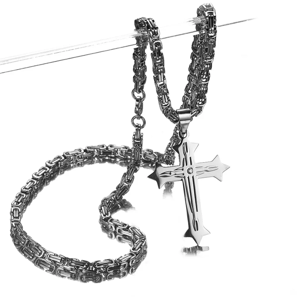 

High Quality Stainless Steel Jesus Christ Cross Pendant Necklace Byzantine Link Chain Silver Color For Men Jewelry