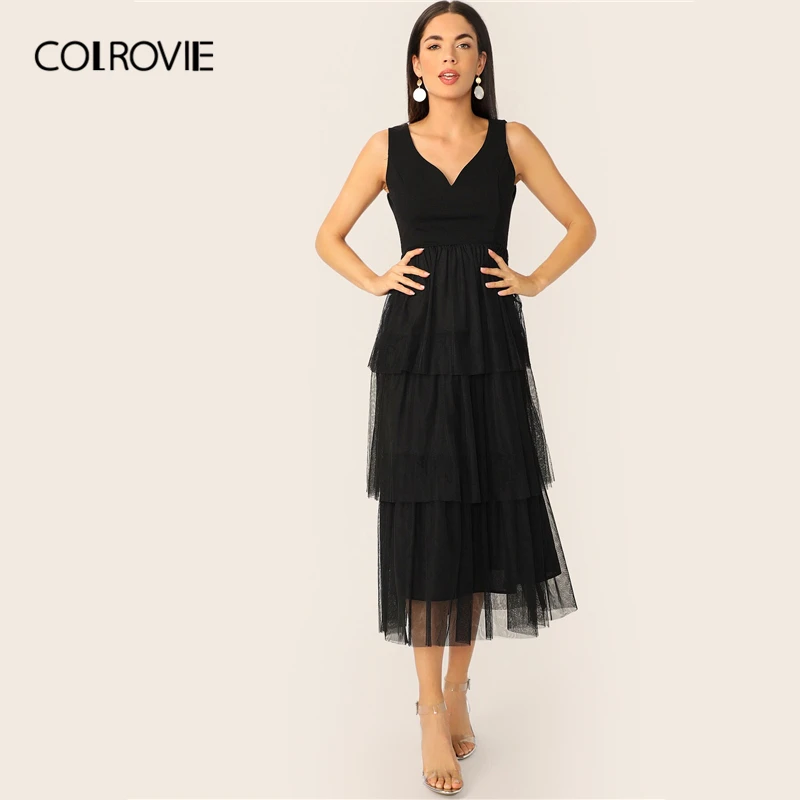 COLROVIE, черное одноцветное платье с v-образным вырезом, платье принцессы, многослойное, Сетчатое, с воланом, вечерние, длинное платье для женщин, лето, расклешенное, элегантное, офисное платье