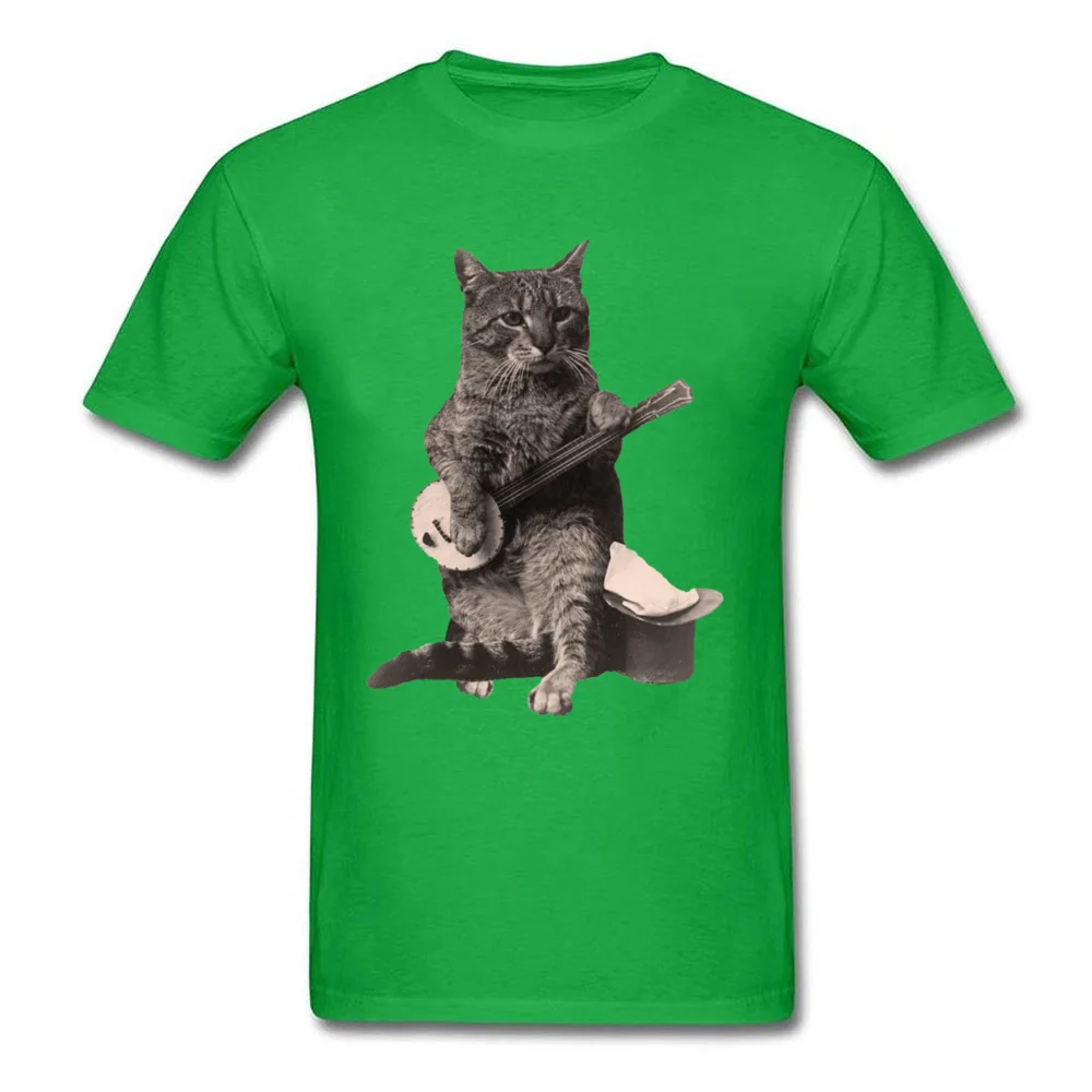 Cat Playing Banjo Guitar ostern Day Pure Cotton O-Neck Tops & Tees Short Sleeve Custom Tee Shirts Coupons Normal T Shirts Cat Playing Banjo Guitar green