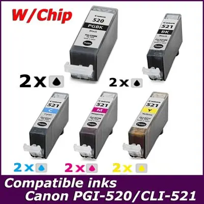 Free shipping 10PK chip installed PGI 520 PGI 520BK CLI 521BK/C/M/Y inkjet cartridge compatible