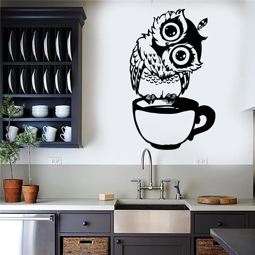 Виниловая наклейка на стену забавная мультяшная Сова чашка чая кофе для кухни наклейка s домашний декор Настенная Наклейка для гостиной U354