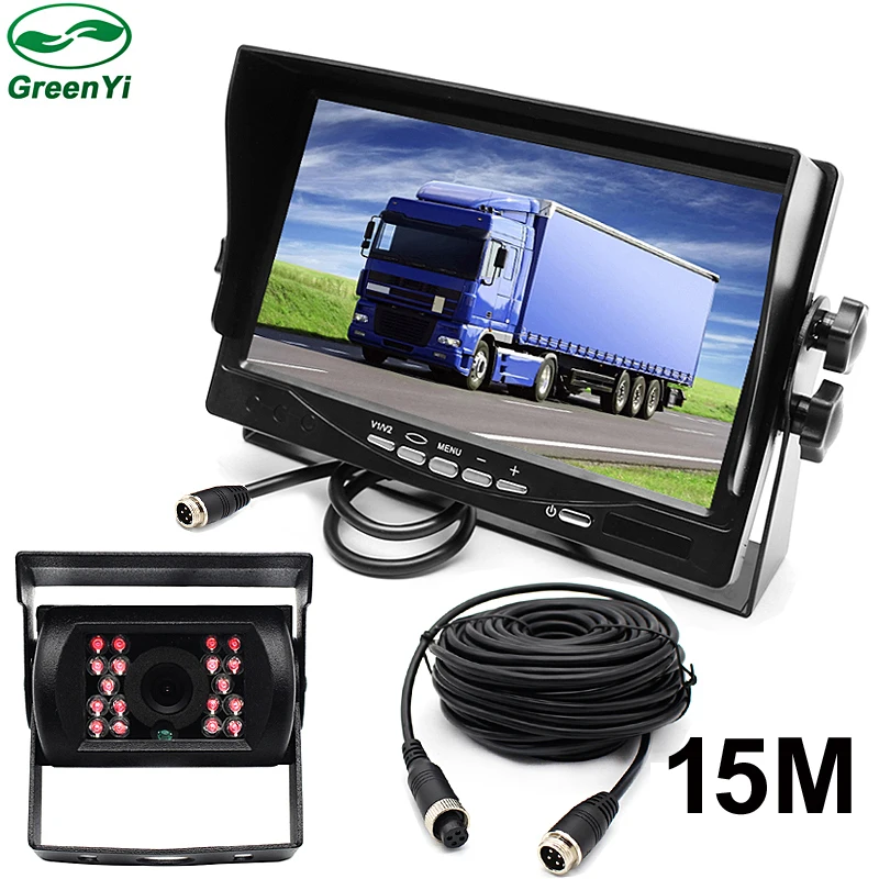 

GreenYi 15M Video Cable DC12~24V Car Truck Bus Parts 7 Inch Auto Parking Monitor With Bracket Aviation joint + Rear View Camera