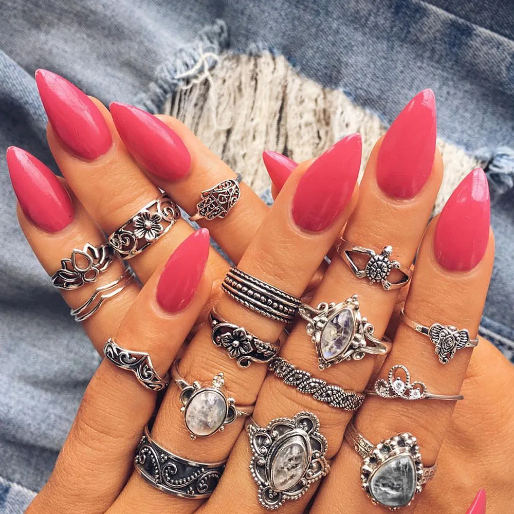 

FAMSHIN 16 PCS/Set Bohemia Opal Midi Rings Set For Women Vintage Tortoise Elephant Crystal Pattern Flower Rings Party Jewelry