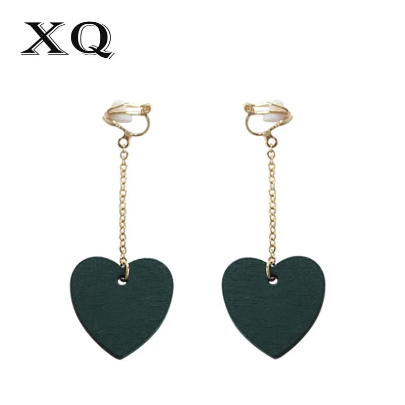 

Free shipping green Peach heart shape wooden product ear cuff earrings Long pendants For women jewelry Accessories