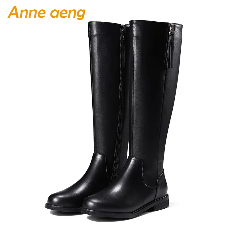 Goede 2019 Nieuwe Winter Vrouwen Knie Hoge Laarzen Echt Leer Midden Hakken Zip Sexy Dames motorlaarzen zwarte vrouwen schoenen size 33 42