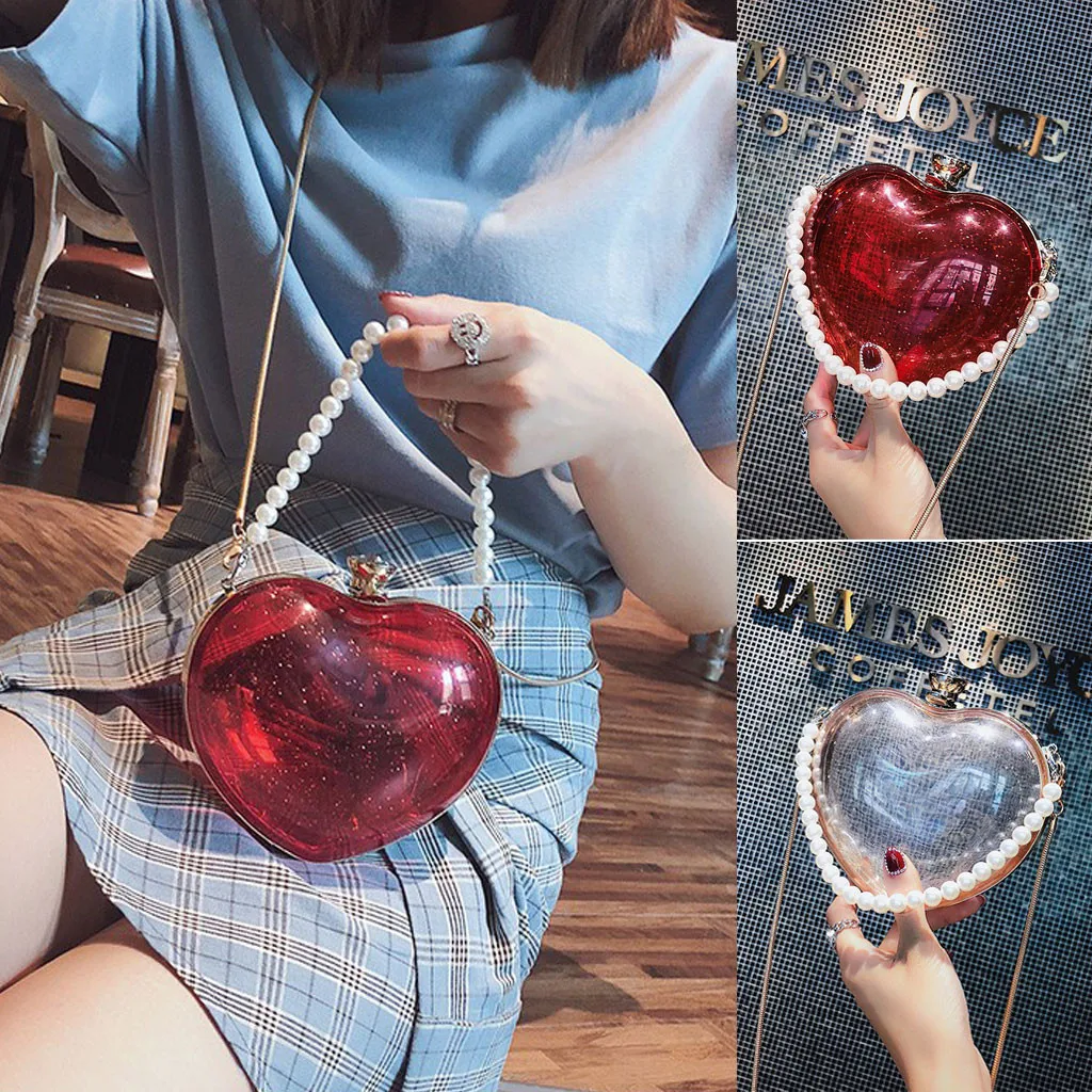 

Women Pearl heart-shaped Crossbody Bag Waterproof Diamond Chain Bags Handle Bag