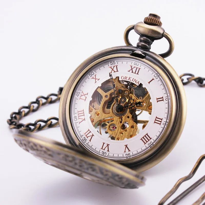 ORKINA Men s Retro Pocket Watch Roman White Dial Carved Bronze Case Hand Wind Mechanical Pendant