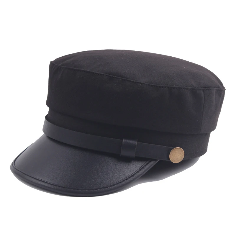 

Military Cap Hat Female Winter Hats For Women Men Beret Ladies Army Militar Hat Pu Leather Visor Black Cap Sailor Hat Bone Male