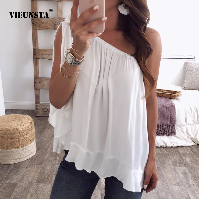 Femmes Sexy hors une épaule chemisiers en mousseline de soie d’été biais col plissé plage Blouse chemise solide sans manches Blusa hauts grande taille