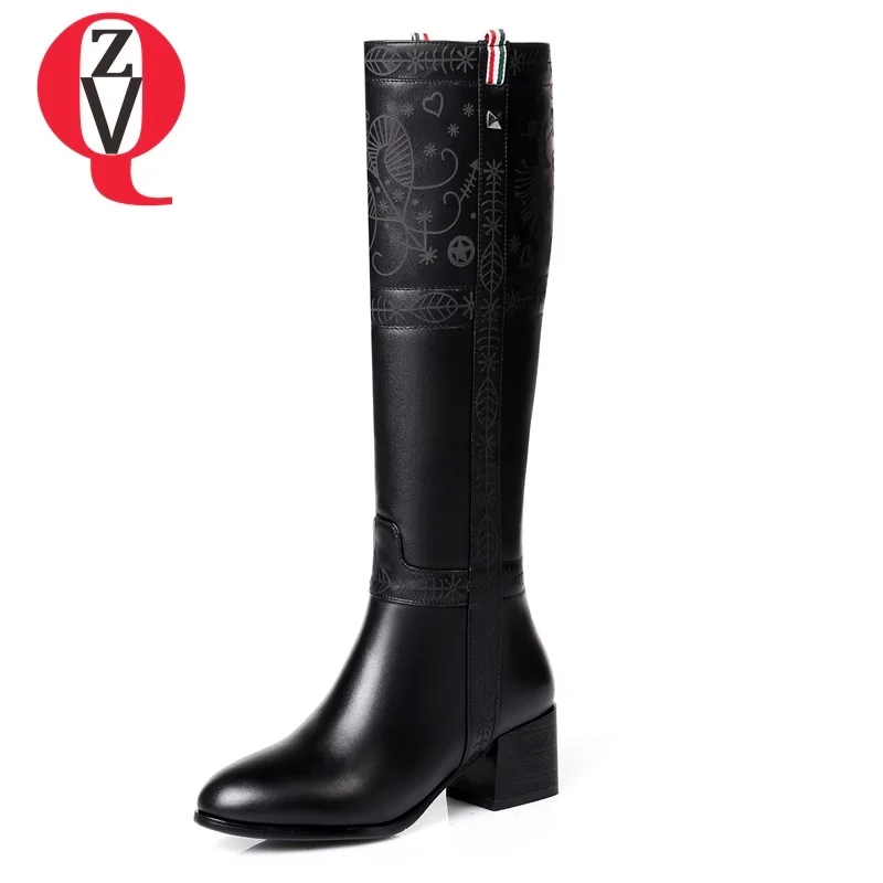 

ZVQ newest hot sale genuine leather rivet med square heel winter warm big size round toe knee-high western boots free shipping