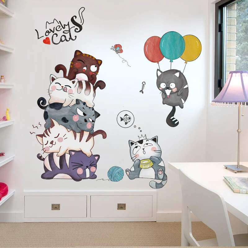 

[SHIJUEHEZI] Lovely Cats Wall Stickers PVC Material Cartoon Animals Wall Art for Kids Room Baby Bedroom Door Decoration