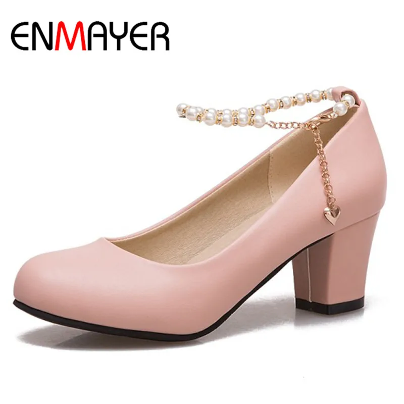 

ENMAYER Round Toe High Heels Pumps Shoes Woman Plus Size 34-43 White Shoes Womens Plus Size 34-43 Buckle Strap Pumps