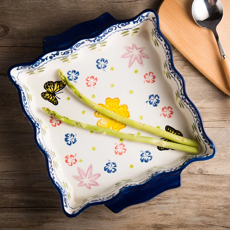 

Seiko hand painted Binaural ceramic baked rice baking pan square Pizza plate High temperature oven baking mold dispenser dish
