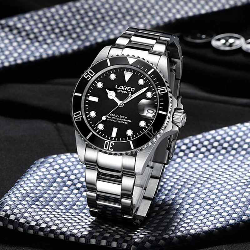

LOREO Diving Men's Watches Men Automatic Self Wind Mechanical Luminous Stainless Steel Silver Black Dial Simple Business Watch