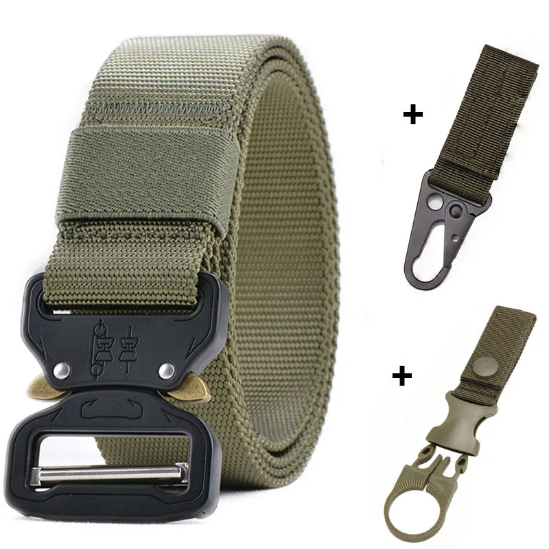 belt and 2 hook 125, 135, 145 см, тактический ремень, Военный нейлоновый ремень, мужской ремень в армейском стиле для джинсов, металлическая пряжка, Cinturon, автоматический поясной ремень для улицы - Цвет: belt and 2 hook