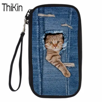 

THIKIN Lady Wallet Case 3D Denim Cat Print Teen Girls Passport Wallets Ladies Cover Passport Female Credit Card Animal ID Holder