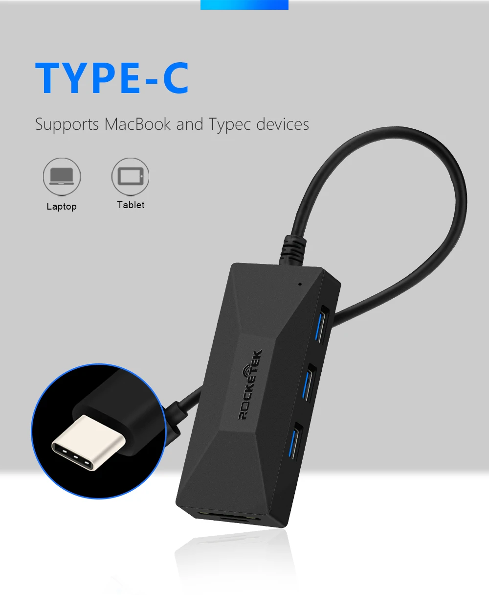 Rocketek multi type-C USB c 3,0 концентратор 3 порта OTG адаптер разветвитель SD TF кардридер для MacBook Air компьютер ПК Аксессуары для ноутбуков