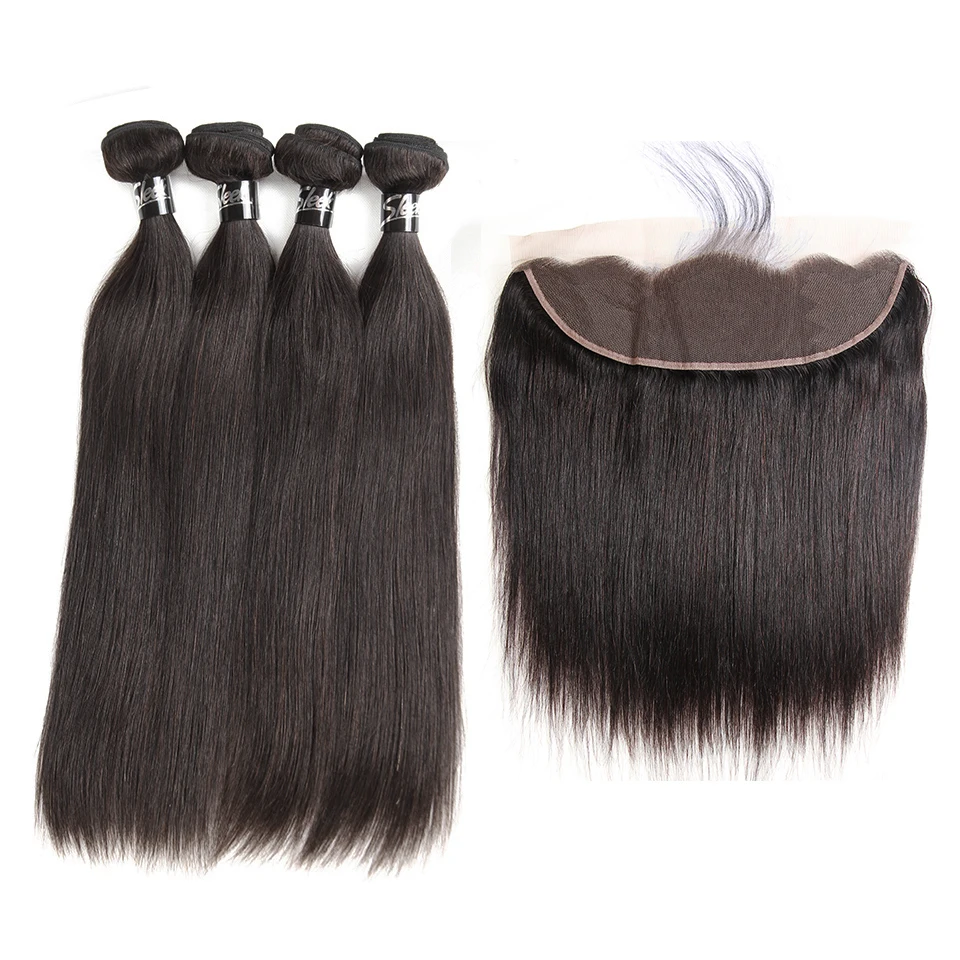 Sleek Malaysian Straight Hair Lace Frontal Closure With Bundles Free Ship Remy Human Hair Weave 4 Bundles With Frontal Closure (4)