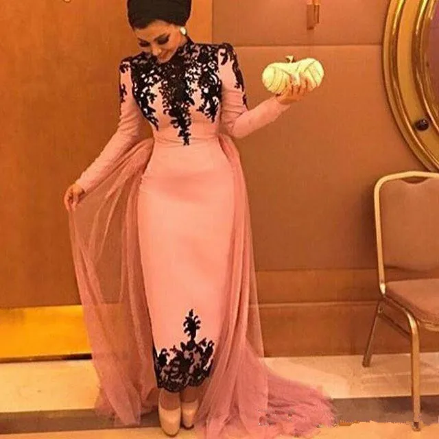 

Pink Muslim Evening Dresses 2019 Sheath Long Sleeves Appliques Lace Formal Islamic Dubai Saudi Arabic Long Prom Evening Gown