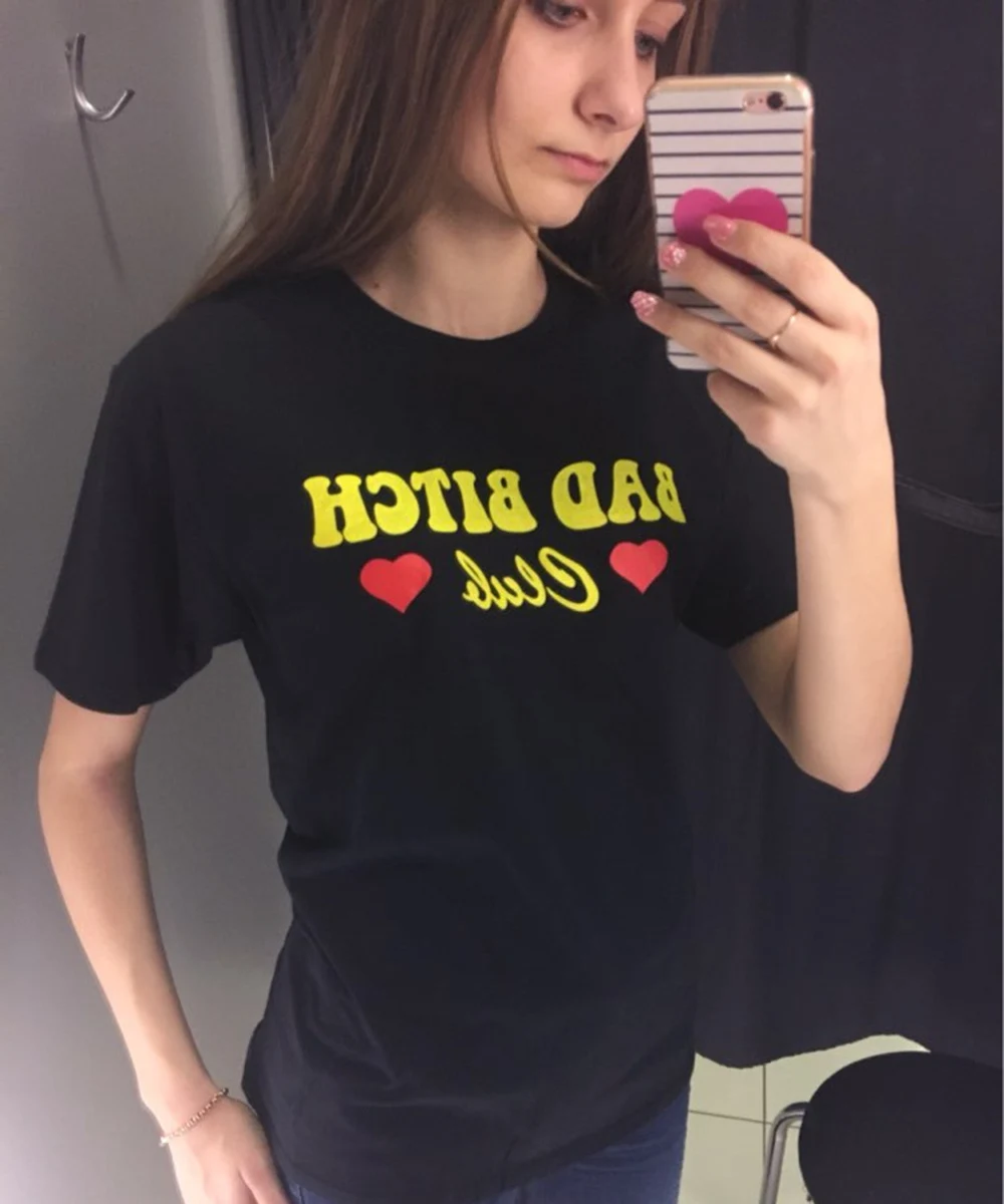 

Hillbilly Yellow Letters and Red Heart Bad Bitch T-shirts Women 2017 Summer Cotton Grey T Shirts Short Sleeve Tshirts Homme Tees