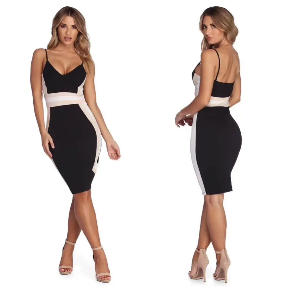 Black Color New Summer Women's STrap Patchwork Bodycon Mini Dress Rayon Bandage Club Night | Женская одежда