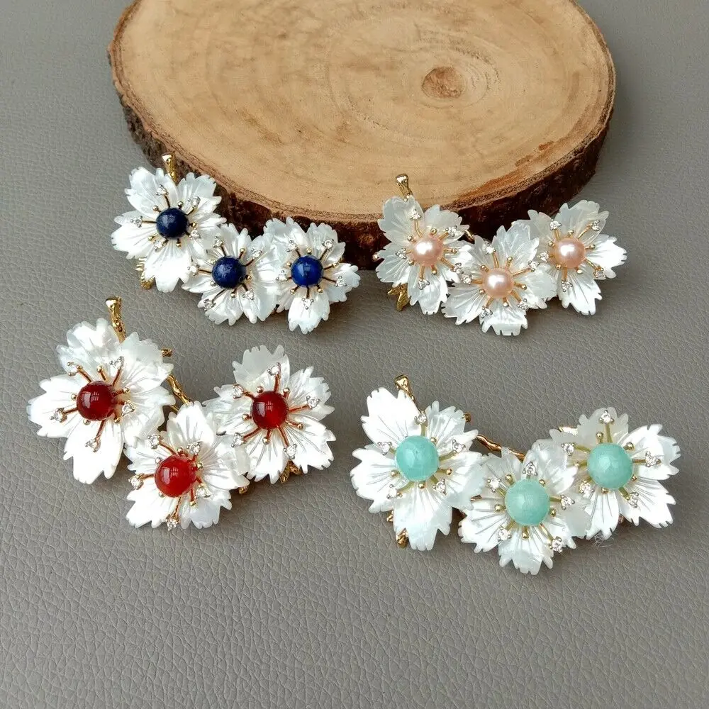 

30x60mm Mother-Of-Pearl Shell Lapis pearl Stone Flower Brooch