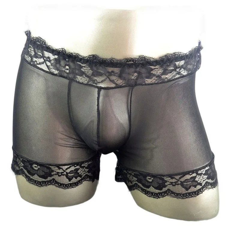 

Black sexy men underwear boxer shorts lace gauze male sissy gay panties ZJH0604