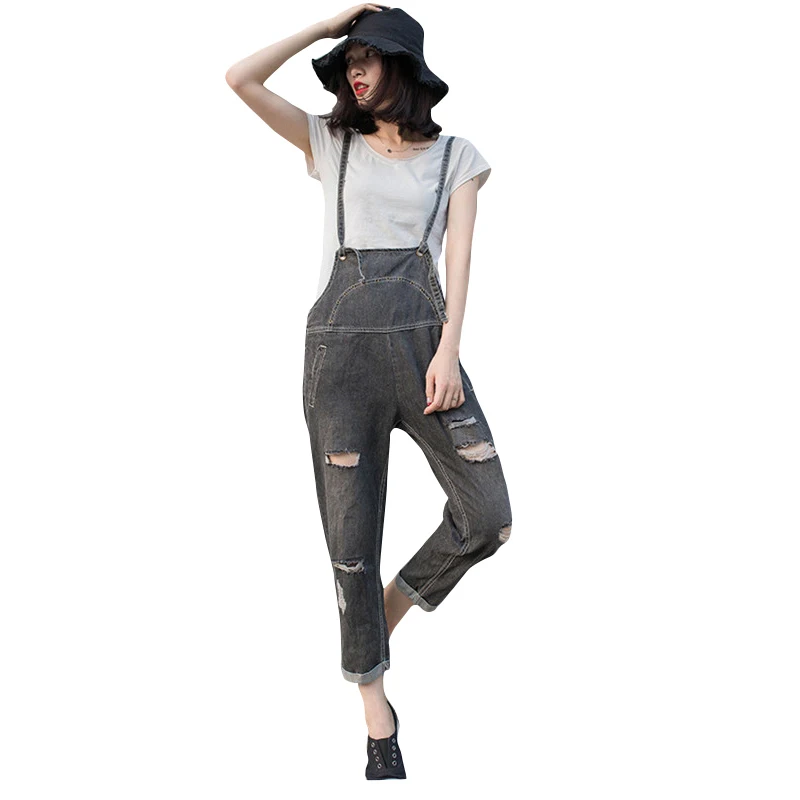 Korean Style Denim Overalls 2017 Women's Fashion Overalls Women's Hole Denim Pants Belt Preppy