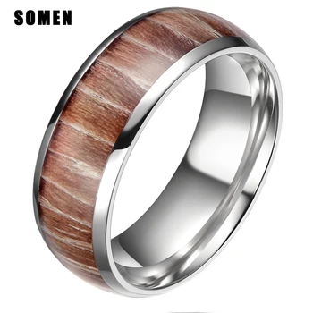 

Luxury 8MM Wood Inlay Dome Design Titanium Ring For Men Engagement Rings Polished Edges Wedding Band Male Fashion Jewelry Gift