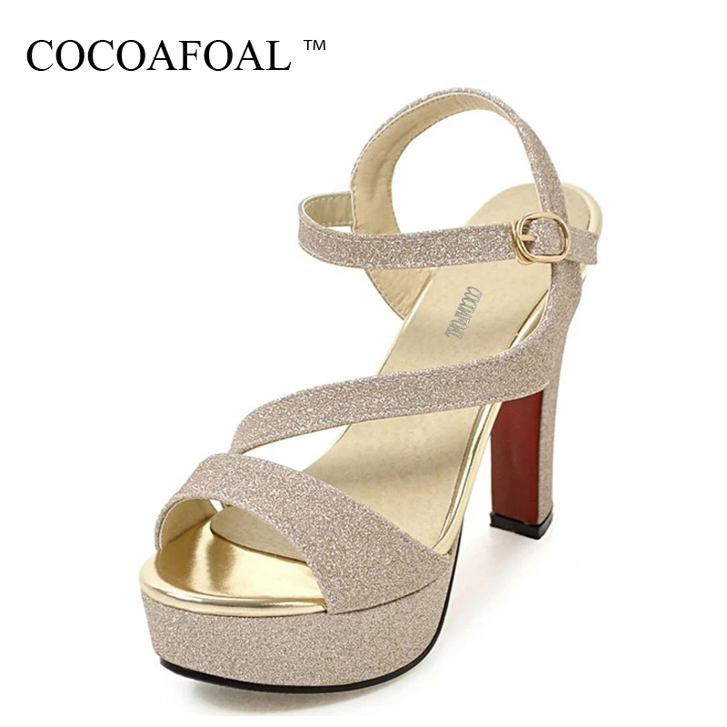 

COCOAFOAL Women Silver Open Toe Heels Sandals Plus Size 32 - 43 Wedding Sandals Party Buckle Strap Black Gold Bling Shoes 2018