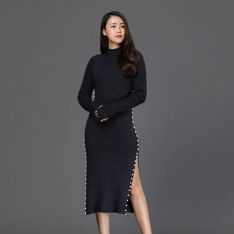 Danjeaner Брендовое платье-свитер женский вязаный свитер ретро Peal украшают cheongsam платье элегантный длинный пуловер для осени и зимы