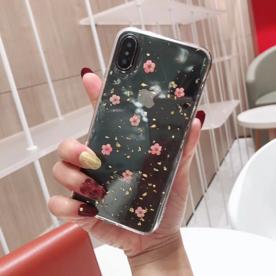 Чехол Tfshining с настоящим цветком и сушеными цветами для iPhone X, XR, XS, Max, 6, 6 S, 7, 8 plus, 11, 11 Pro Max, чехол из золотой фольги, блестящий ТПУ, девчачий чехол