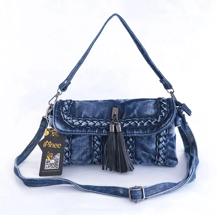 IPinee стиль ретро джинсовая сумка через плечо модная Маленькая женская сумка на плечо с кисточками женская сумка-мессенджер - Цвет: Синий