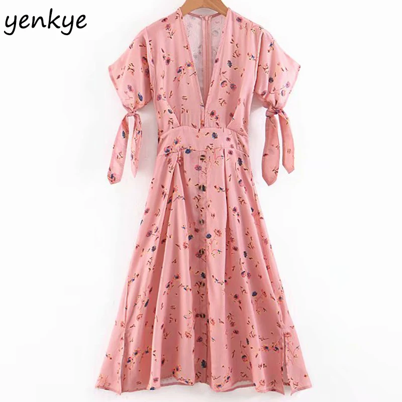 

Holiday Summer Dress 2019 Women Sexy V Neck Floral Print Dress Elegant Lady Tie Cuffs Short Sleeve Midi A-line Dress sukienki