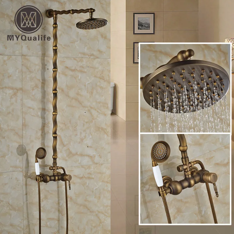 Artistic Bathroom Brass Antique Shower Mixer Taps Single Handle 8" Rain