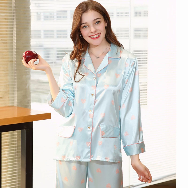 

SSH0157 2018 New Brand Pajamas Women Satin Silk Home Clothing Full Sleeves Long Pants 2 Pieces Set Pyjamas Loves Print Nightwear
