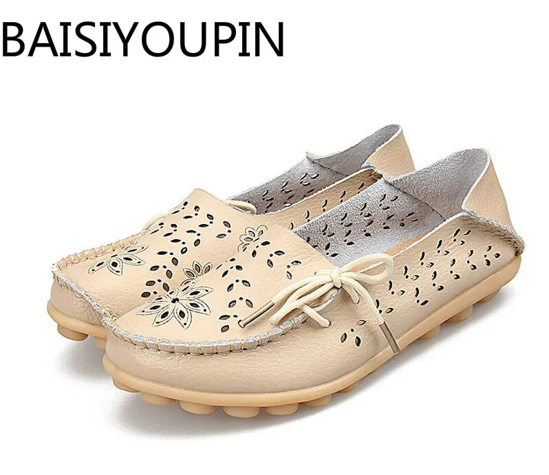 

Women's Genuine Leather Shoes Woman Loafers Slip-On Shoe Female Flats Driving Hollow Out Mother Shoes Oxford Bottom Big Size 44
