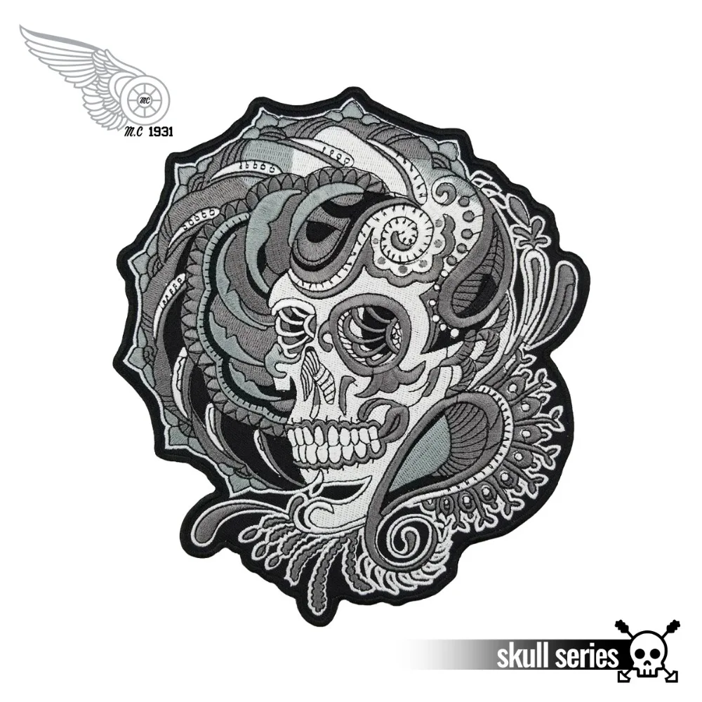 

Big Size About 20cm Wide Stick On Leather Patches For Furniture Grey Skull Motor Embroidery Custom