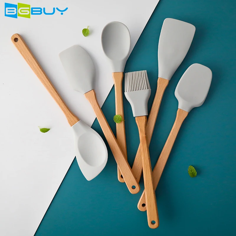 

Kitchen Utensil Set Silicone Cooking Utensils 6 Piece - Cooking Utensils Set with Bamboo Wood Handles for Nonstick Cookware