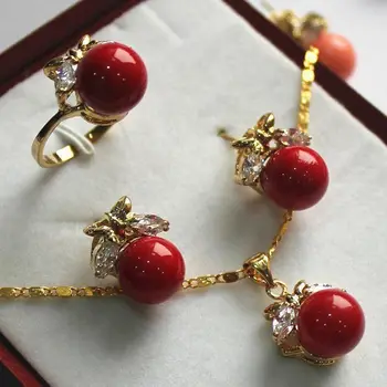 

Design 10mm Red Shell Pearl Earring Ring Pendant & Stud Jewelry Set >>stone watch wholesale Quartz stone CZ crystal