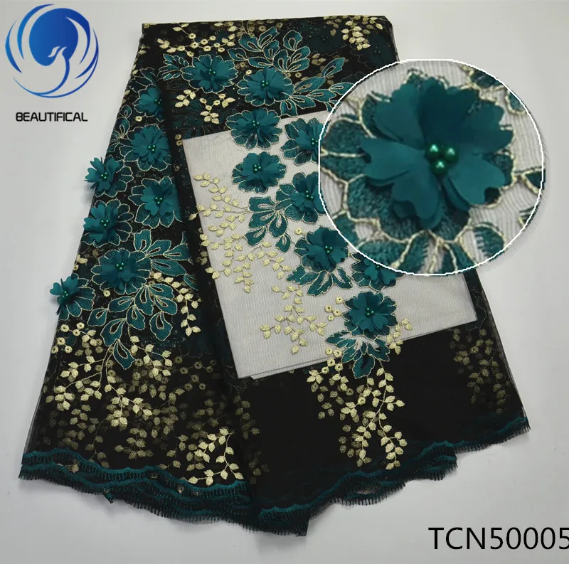 

Beautifical african lace fabrics 2018 New arrival 3d flowers french net lace with beads for women nigerian tulle lace TCN500